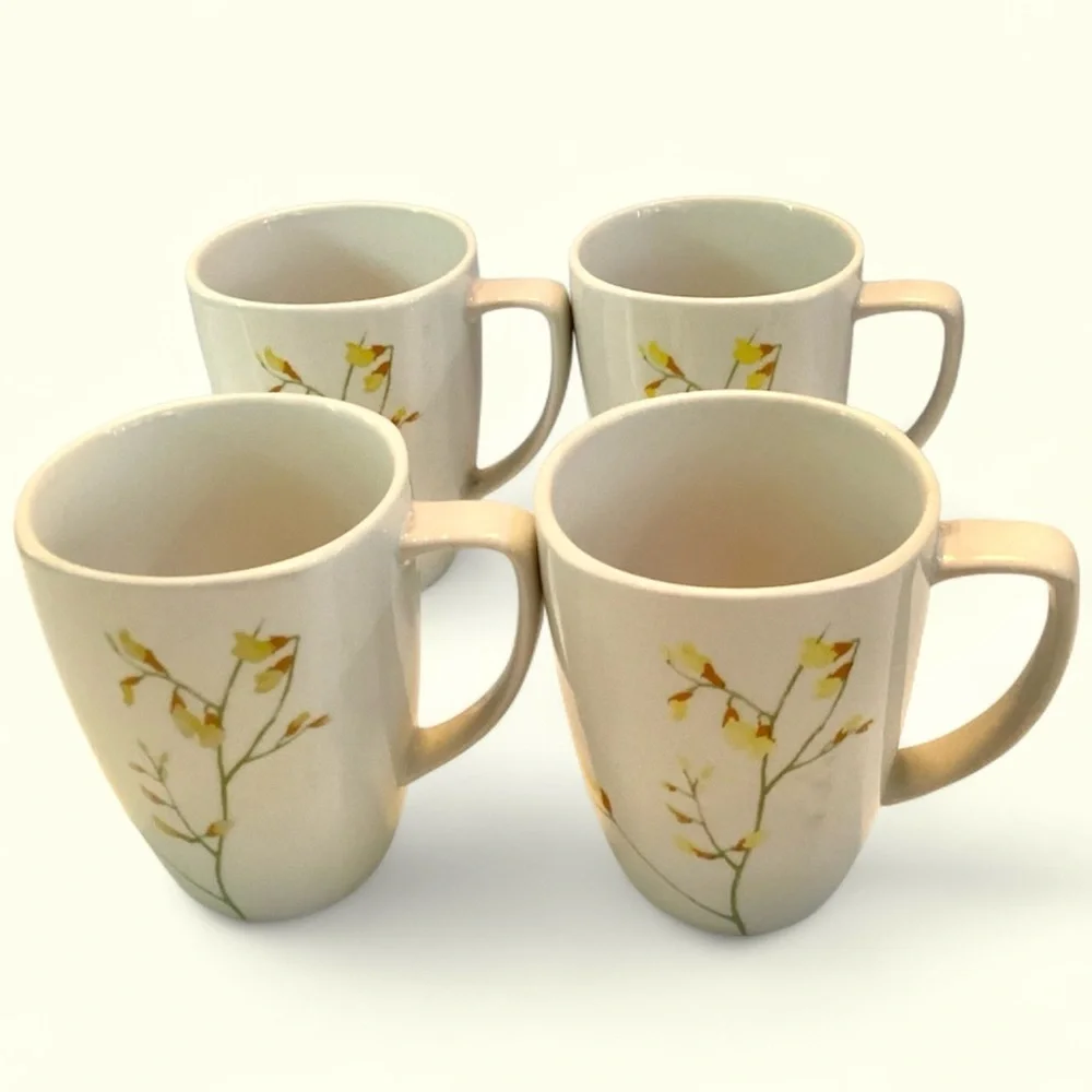 Corelle Kobe Porcelain Coffee Cups Yellow Floral Stems • Set Of 4 Mugs - Picture 1 of 7
